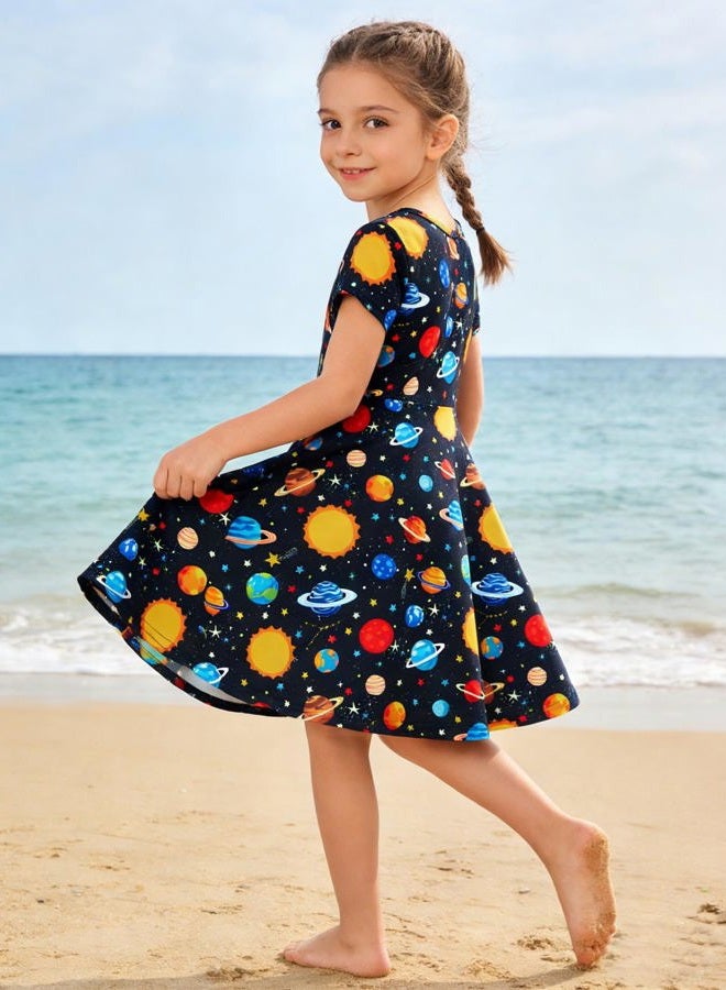 RAISEVERN Little Girls Dress Space Galaxy Planet Casual Sundress Short Sleeve Kids Swing Twirly Midi Summer Dresses Size 7 - Image 3