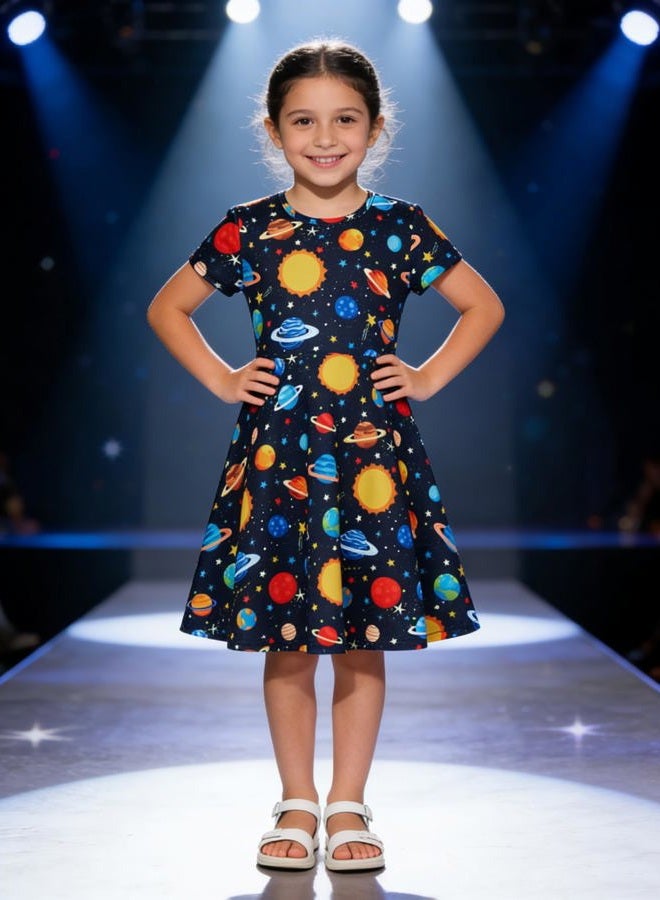 RAISEVERN Little Girls Dress Space Galaxy Planet Casual Sundress Short Sleeve Kids Swing Twirly Midi Summer Dresses Size 7 - Image 2