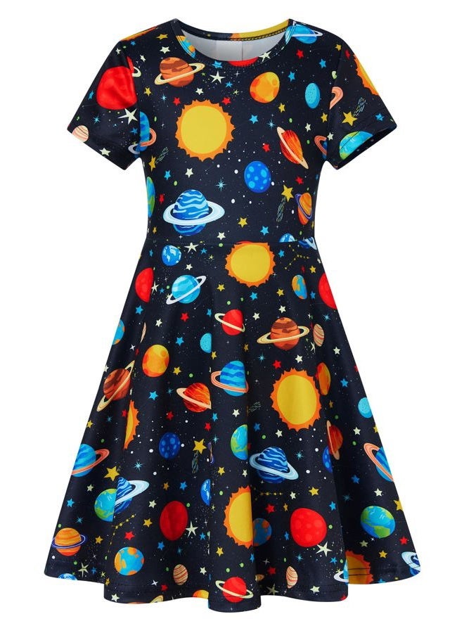 RAISEVERN Little Girls Dress Space Galaxy Planet Casual Sundress Short Sleeve Kids Swing Twirly Midi Summer Dresses Size 7 - Image 1