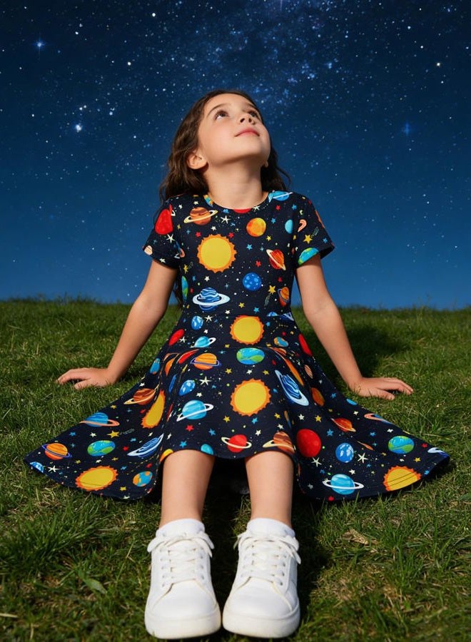 RAISEVERN Little Girls Dress Space Galaxy Planet Casual Sundress Short Sleeve Kids Swing Twirly Midi Summer Dresses Size 7 - Image 5
