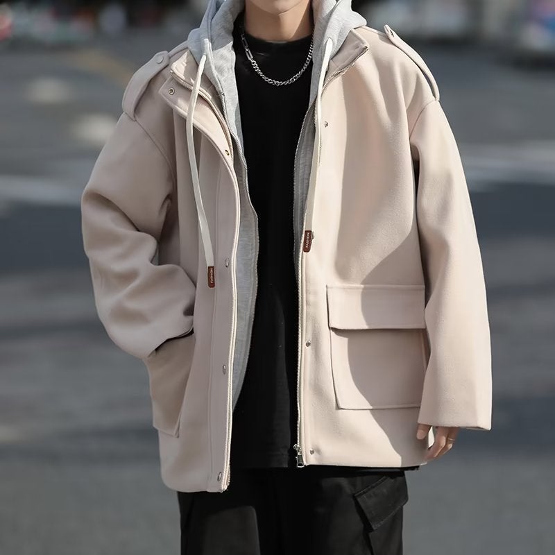 Fake Two-Piece Woolen Coat Men'S Winter Cityboy Japanese Style Workwear Hooded Coat Men'S And Women'S Same Warm Windbreaker - Image 4
