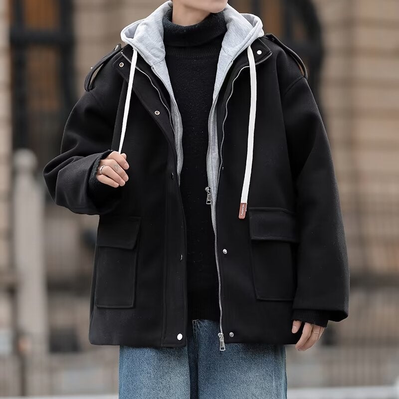 Fake Two-Piece Woolen Coat Men'S Winter Cityboy Japanese Style Workwear Hooded Coat Men'S And Women'S Same Warm Windbreaker - Image 2