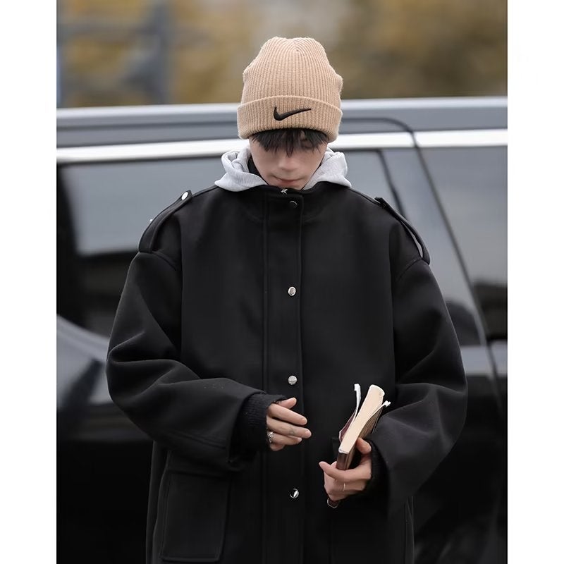 Fake Two-Piece Woolen Coat Men'S Winter Cityboy Japanese Style Workwear Hooded Coat Men'S And Women'S Same Warm Windbreaker - Image 1