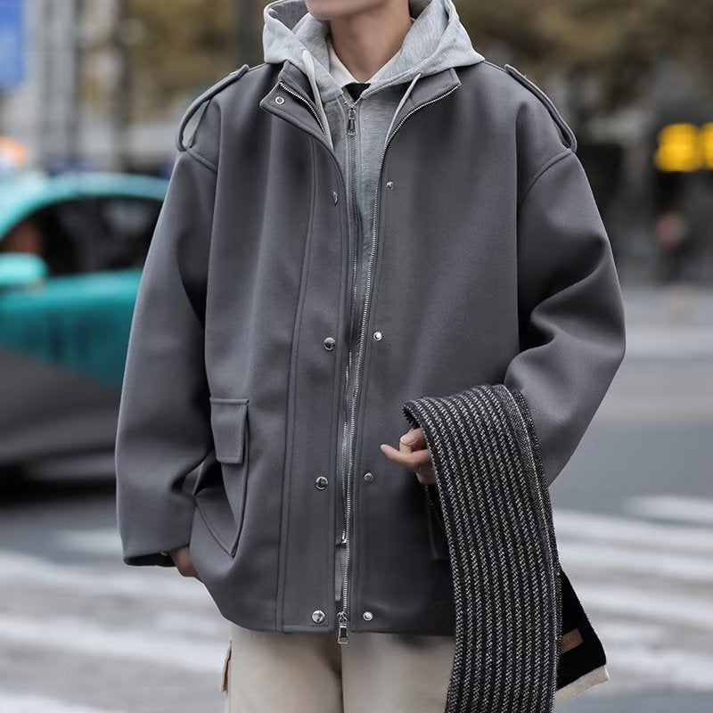 Fake Two-Piece Woolen Coat Men'S Winter Cityboy Japanese Style Workwear Hooded Coat Men'S And Women'S Same Warm Windbreaker - Image 3