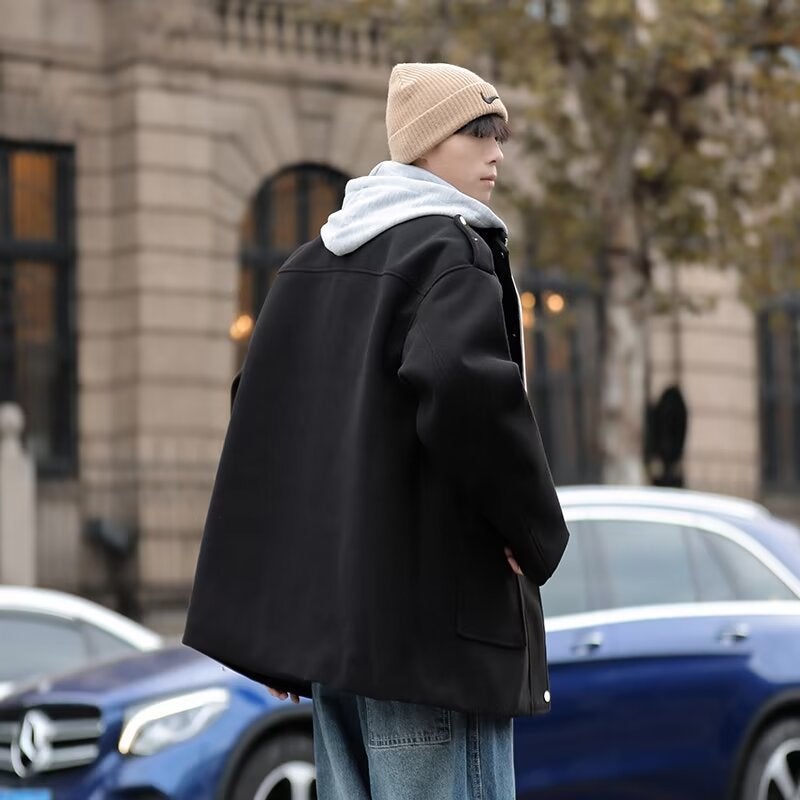 Fake Two-Piece Woolen Coat Men'S Winter Cityboy Japanese Style Workwear Hooded Coat Men'S And Women'S Same Warm Windbreaker - Image 5