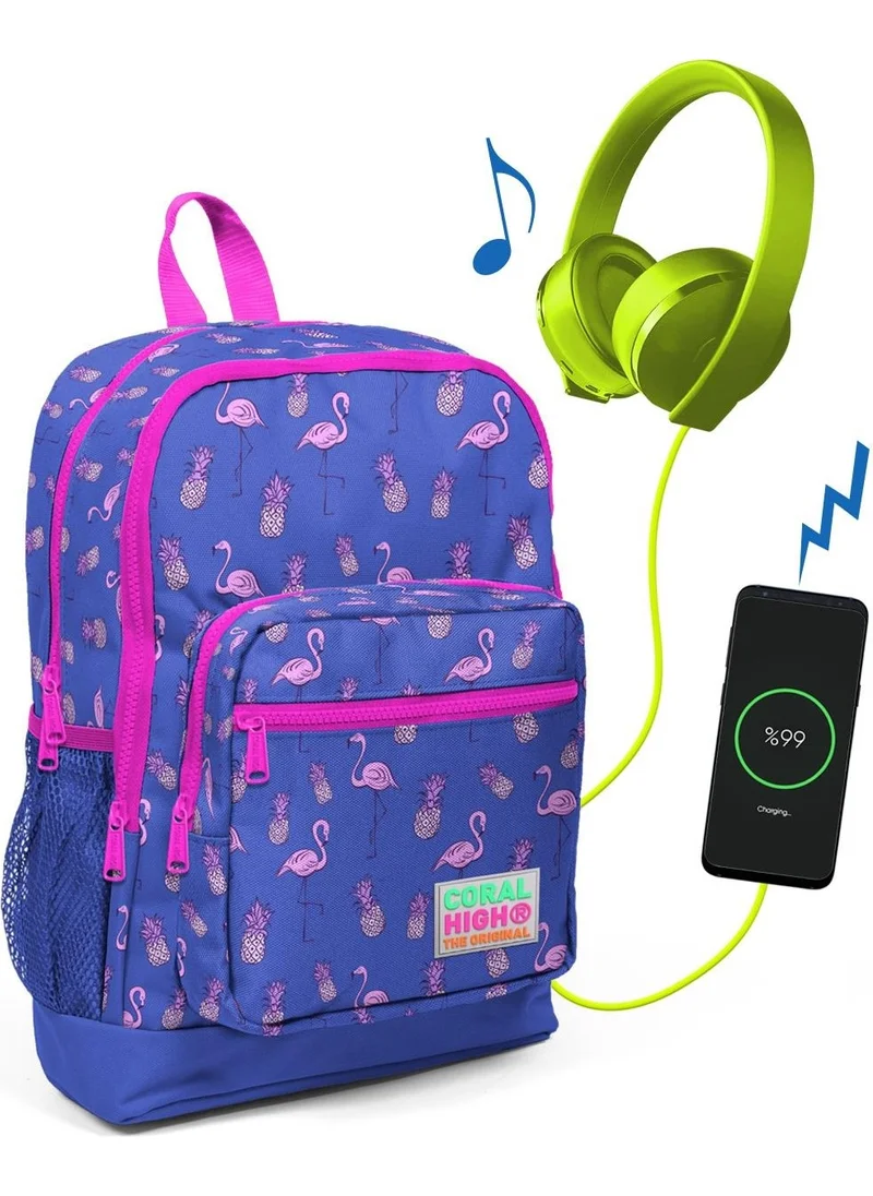 CORAL HIGH Kids Lavender Flamingo Patterned School Backpack with USB Charging Headphone Outlet 23276