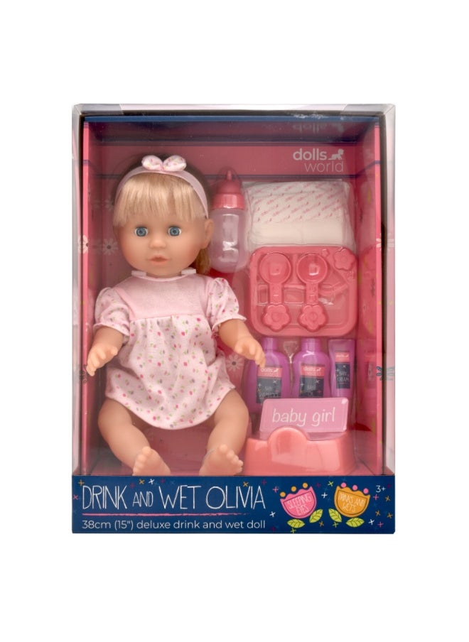 dolls world Olivia 15 inch Drink & With et Deluxe Doll Sleeping Eyes With Hair from Peterkin gift for kids of Age above 18 months  - Image 1