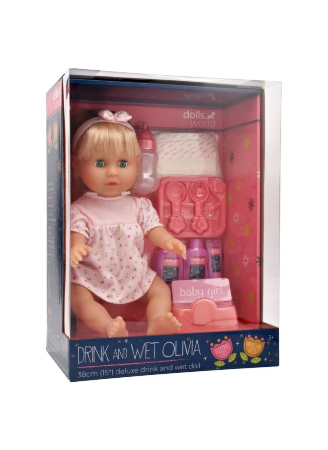 dolls world Olivia 15 inch Drink & With et Deluxe Doll Sleeping Eyes With Hair from Peterkin gift for kids of Age above 18 months  - Image 2