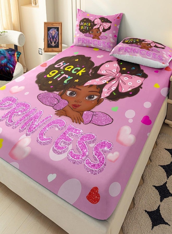 Jiospet Black Girl Twin Fitted Sheet - Black Girl Sheets Twin Cute Bedding Fitted for Kids, 1 Fitted Sheet + 1 Flat Sheet + 1 Pillowcase - Image 3