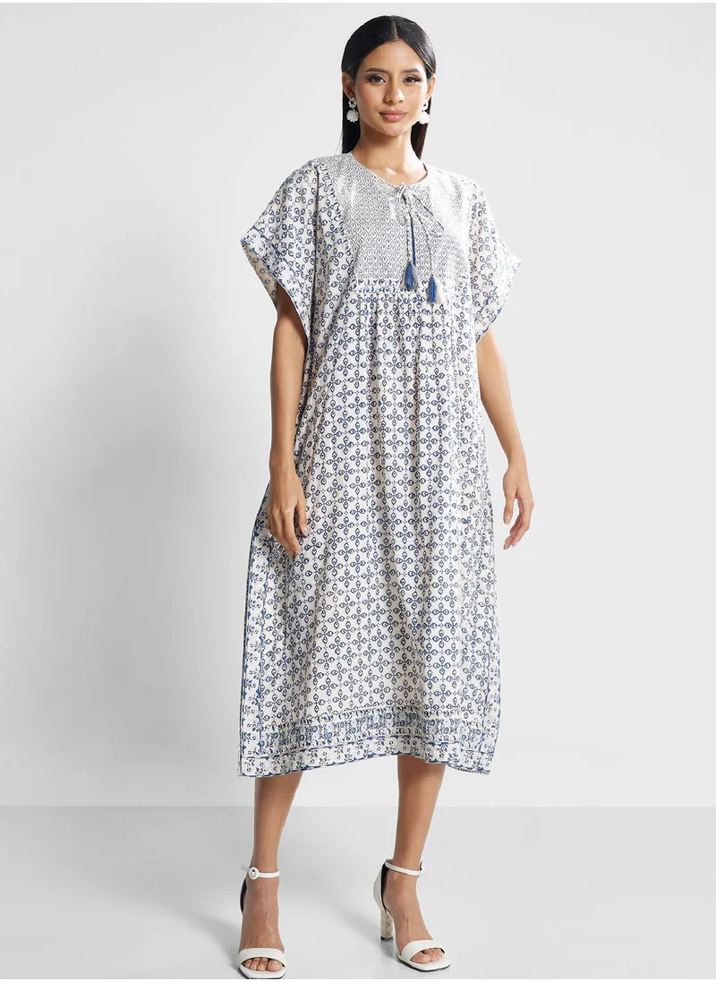 Fabindia Cape Sleeve Tie Detail Printed Dress