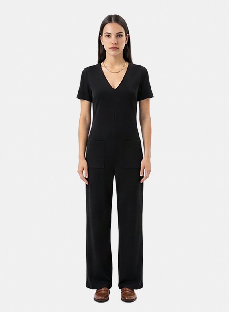 RAVIN Women Black Wide-Leg V-Neck Patch Pocket Jumpsuit - Image 1