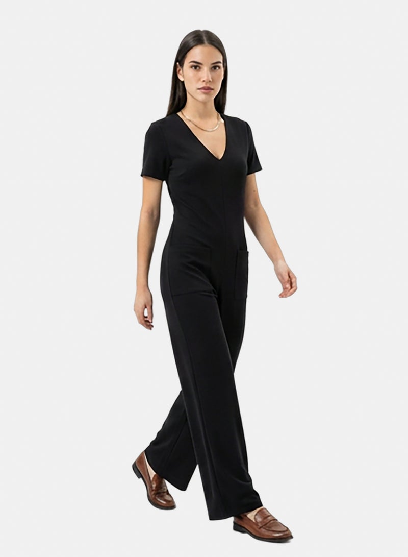 RAVIN Women Black Wide-Leg V-Neck Patch Pocket Jumpsuit - Image 3