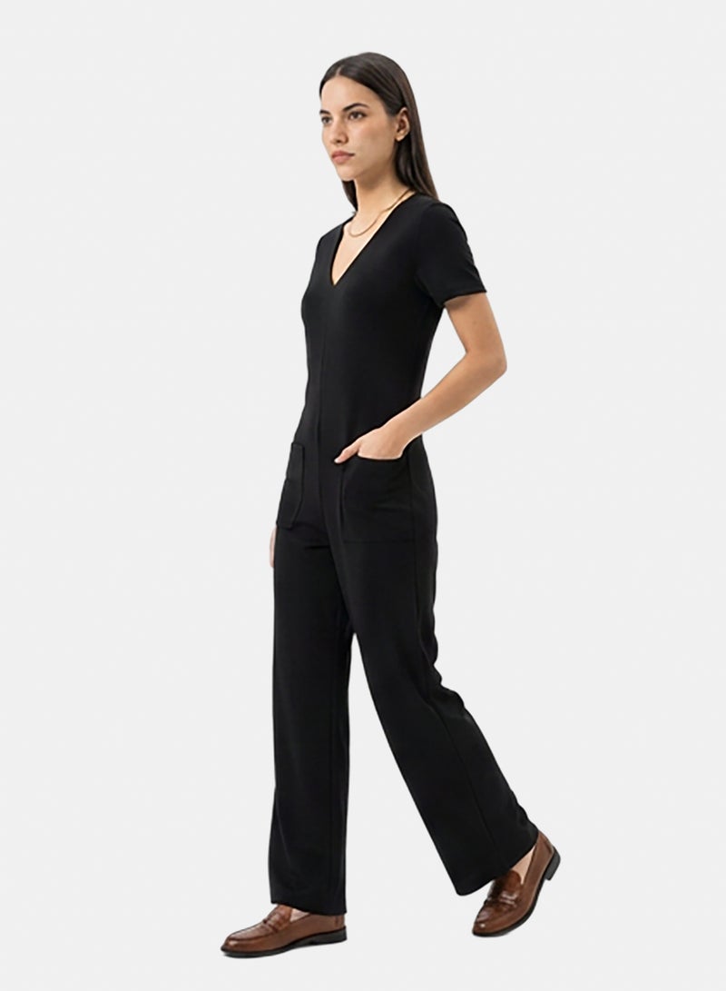 RAVIN Women Black Wide-Leg V-Neck Patch Pocket Jumpsuit - Image 4