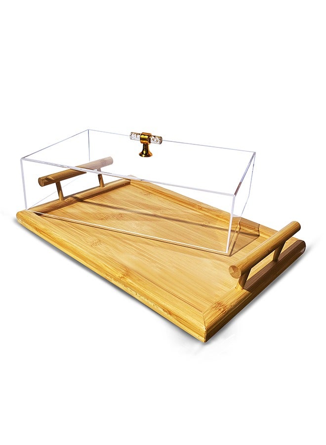 Majestic Elegant Rectangular Wooden Cake Tray with Acrylic Cover, Gold Handle – Food Display & Serving Tray with Lid, Size 36 x 25 x 9 cm - Image 1
