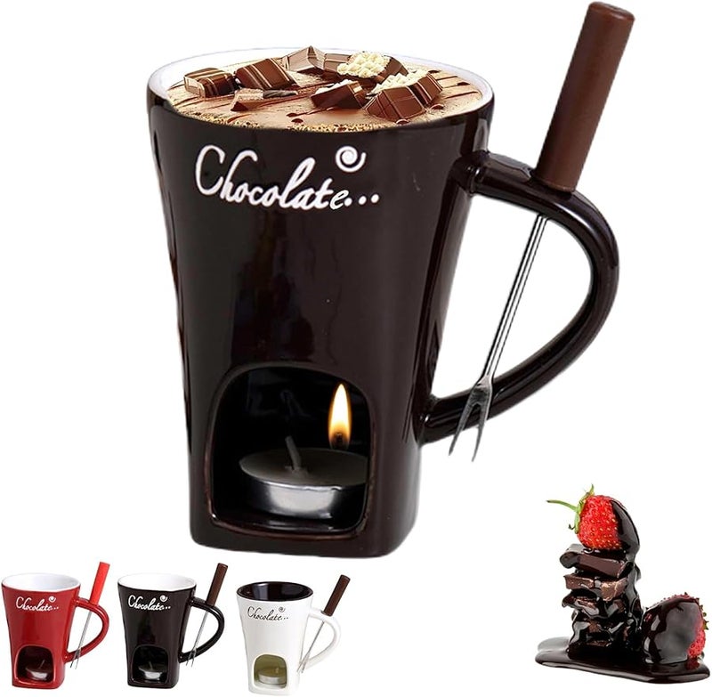 Ceramic Chocolate Fondue Mug Set With Fork And Tealight 200ml For Candy Sauce Dessert - Image 1