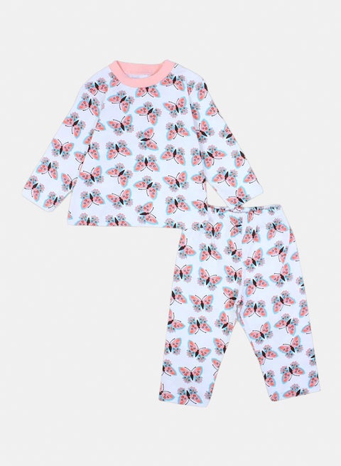 طقم بيجامة بناتي قطن أوف وايت وبينك بطبعة فراشات