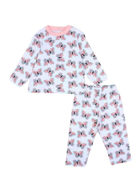 طقم بيجامة بناتي قطن أوف وايت وبينك بطبعة فراشات