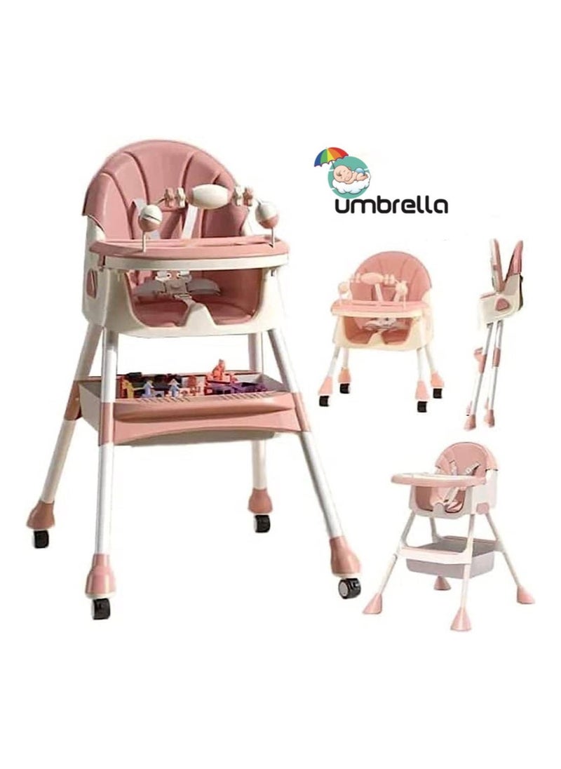 umbrella Umbrella 4-in-1 Convertible High Chair with Adjustable Height and Footrest, Toddler Feeding Booster Seat with Tray, Wheels, Seat Belt and Pillow 6 Months to 4 Years (pink)  - Image 1