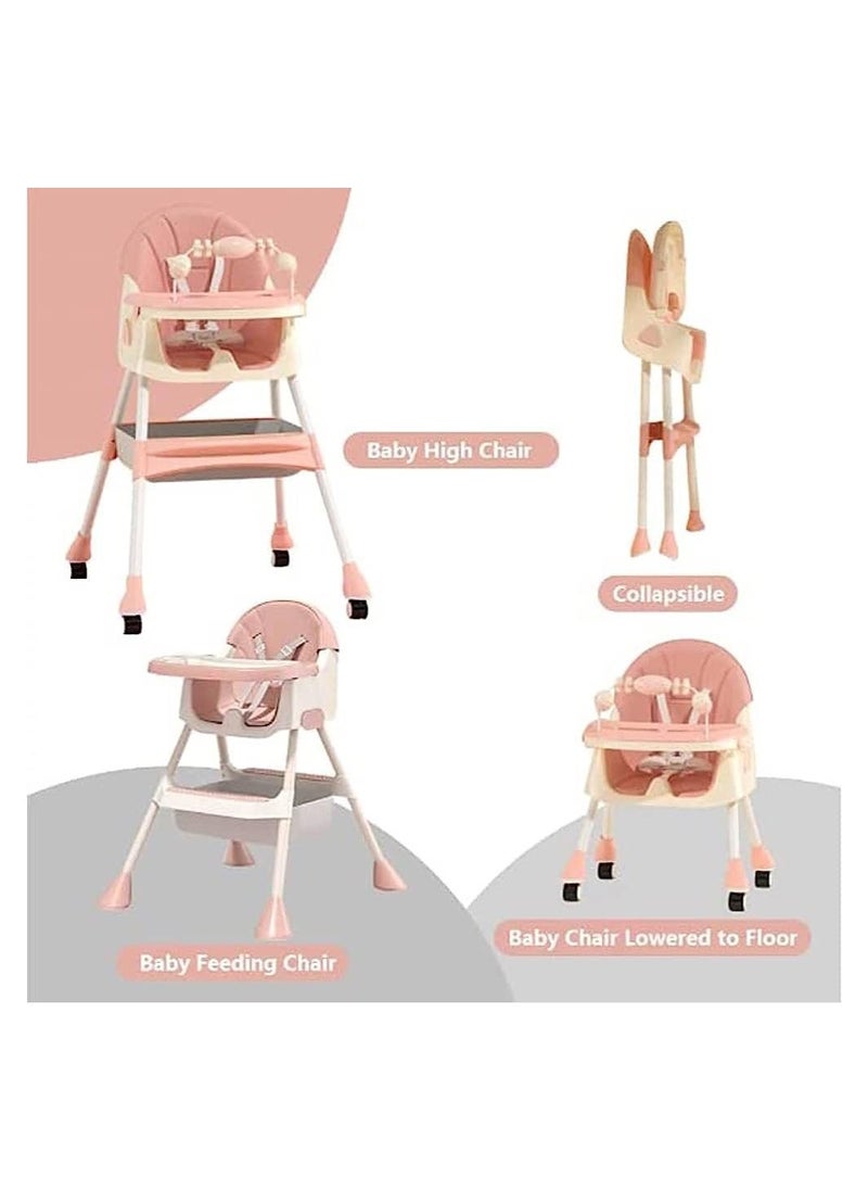 umbrella Umbrella 4-in-1 Convertible High Chair with Adjustable Height and Footrest, Toddler Feeding Booster Seat with Tray, Wheels, Seat Belt and Pillow 6 Months to 4 Years (pink)  - Image 2