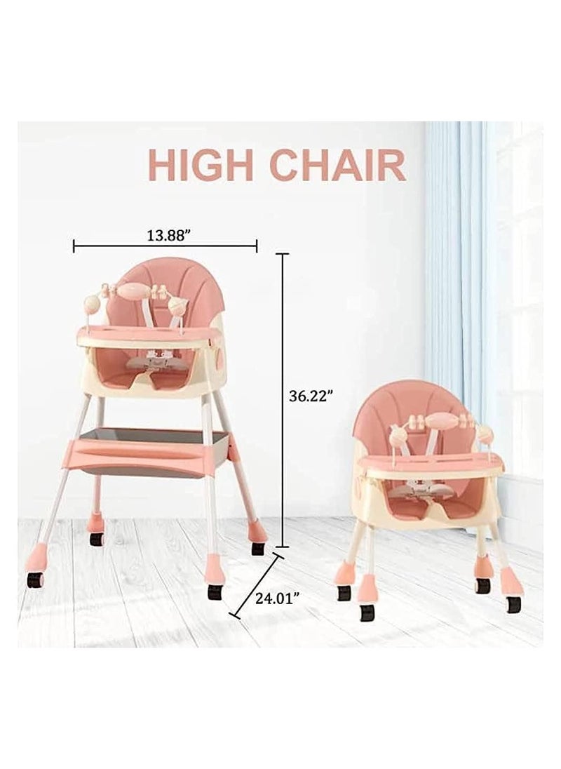 umbrella Umbrella 4-in-1 Convertible High Chair with Adjustable Height and Footrest, Toddler Feeding Booster Seat with Tray, Wheels, Seat Belt and Pillow 6 Months to 4 Years (pink)  - Image 3