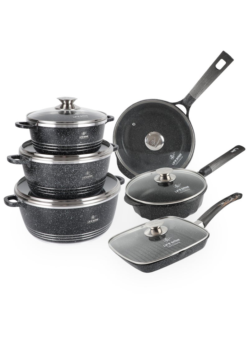 Life Smile - LIFE SMILE Cookware Set 12 Pieces Granite Stone - Pots and Pans set Multi Layer Granite Non Stick Coating Cookware Sets 100% PFOA FREE, Kitchenware Cooking Sets (Gray) - Image 1