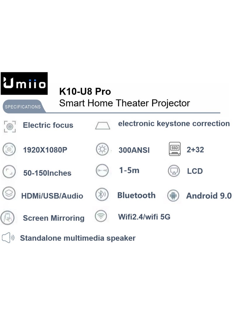 أوميو جهاز عرض ذكي Umiio K10-U8 Pro | دقة 1080P HD، دعم 4K، أندرويد 11، سطوع 7000 لومن، واي فاي 5G وبلوتوث 5.2، شاشة 200 بوصة، مكبرات HiFi - Image 2