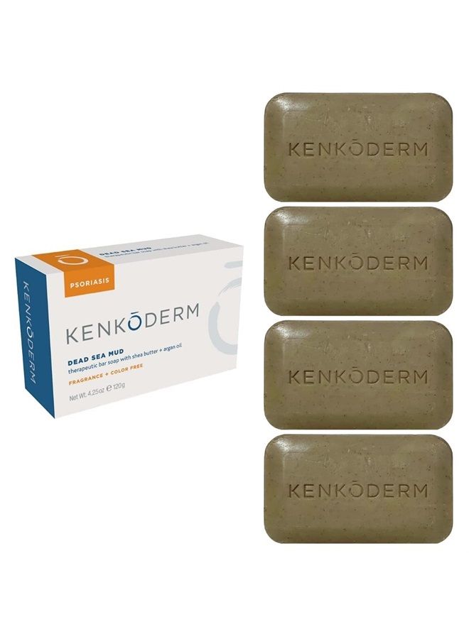 KENKODERM Psoriasis Dead Sea Mud Soap with Argan Oil & Shea Butter 4.25 oz | 4 Bars | Dermatologist Developed | Fragrance + Color Free | Eczema, Psoriasis and Rosacea - Image 1