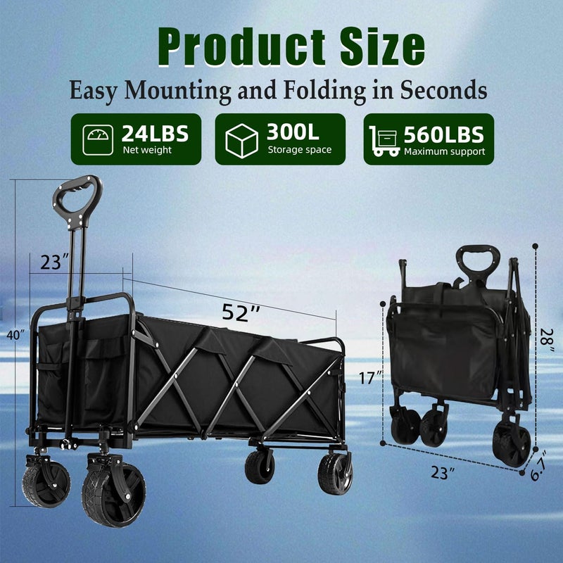 Joxir 52" L Collapsible Wagon Cart Foldable, 300L 560lbs Weight Capacity, Heavy Duty Beach Wagon with Big Wheels, Shopping Carts for Grocery, Camping, Shopping, Beach, Garden Cart - Image 2