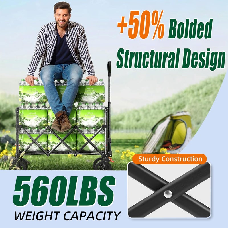 Joxir 52" L Collapsible Wagon Cart Foldable, 300L 560lbs Weight Capacity, Heavy Duty Beach Wagon with Big Wheels, Shopping Carts for Grocery, Camping, Shopping, Beach, Garden Cart - Image 4