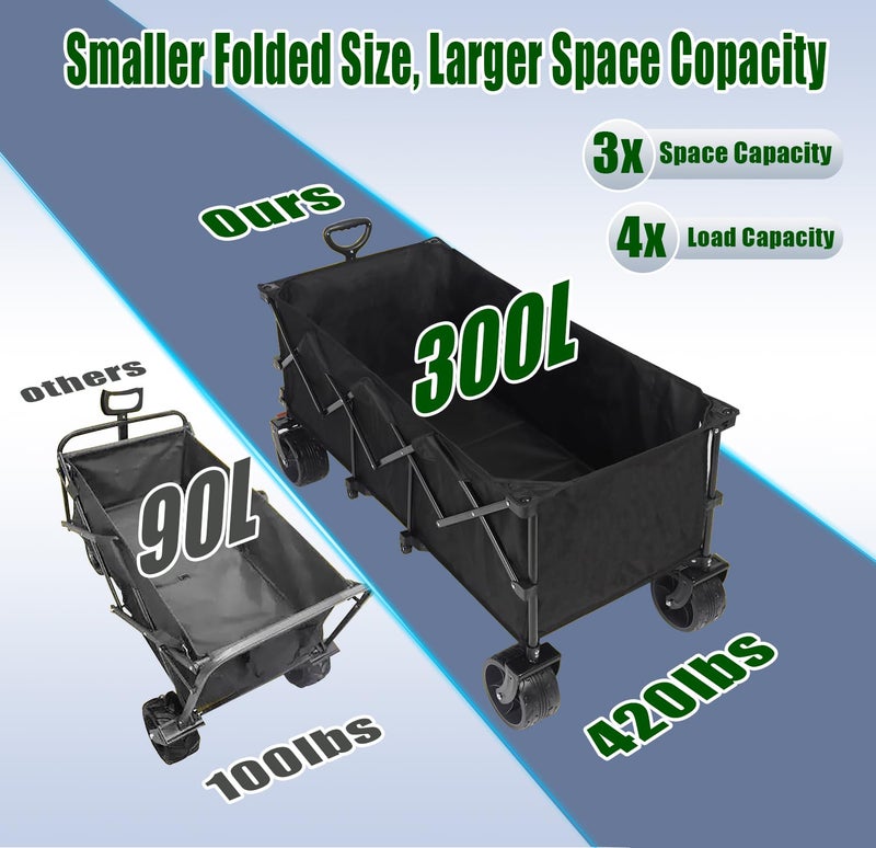 Joxir 52" L Collapsible Wagon Cart Foldable, 300L 560lbs Weight Capacity, Heavy Duty Beach Wagon with Big Wheels, Shopping Carts for Grocery, Camping, Shopping, Beach, Garden Cart - Image 3