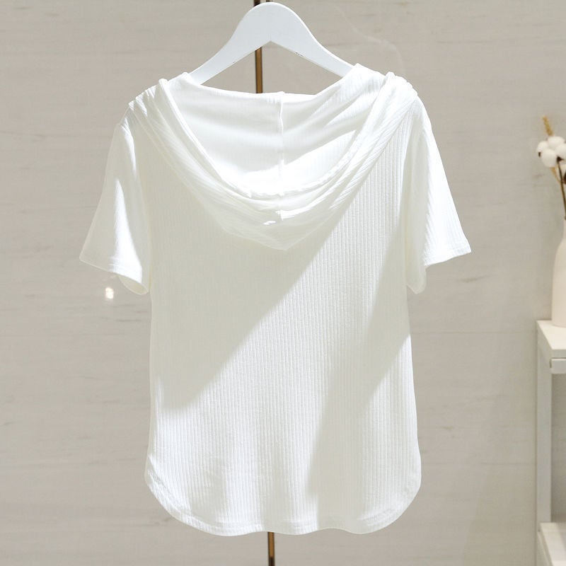 2024 Summer Black  White Hooded Tee for Women White  - Image 2