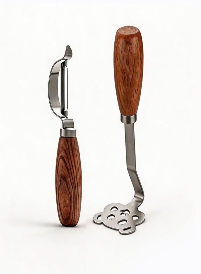MayeBridge Mini Avocado Masher,304 Stainless Steel Potato Masher&Vegetable Peeler Set,Small Wooden Handle Metal Food Peeler and Masher for Avocado,Carrots,Fruits,Non-Slip,Dishwasher Safe,Kitchen Cooking Tools - Image 1