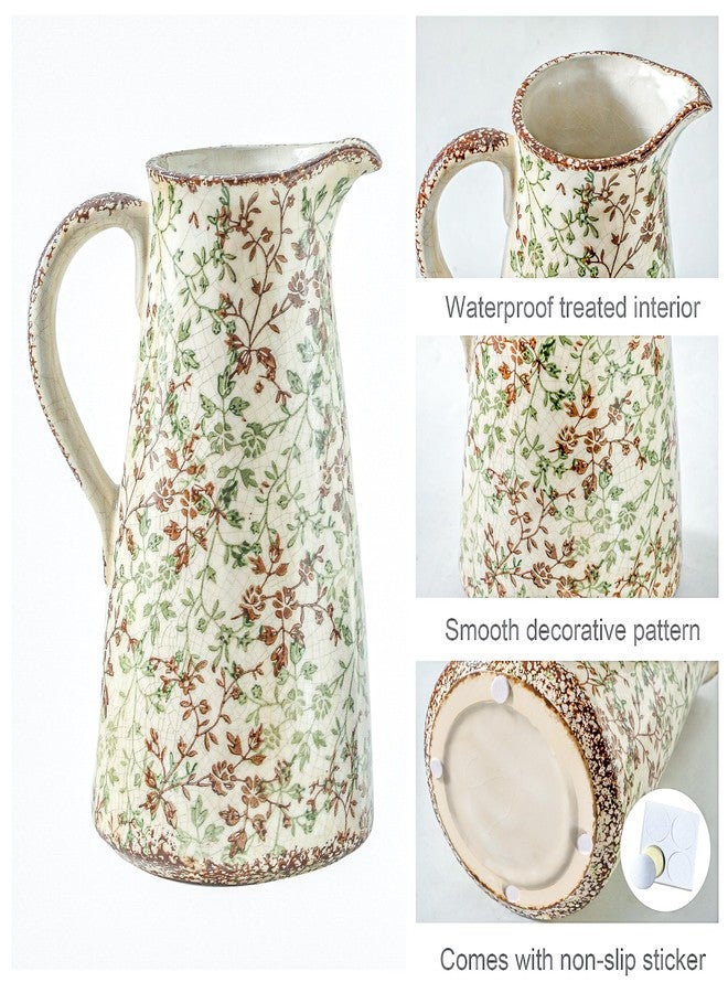 Enra Pitcher vase with Handle,12.2 in Ceramic Vintage Chinoiserie Floral Vase,Green and Beige Decorative Flower vase,Large Rustic Vases for Home Decors, Living Room, Bookshelf, Office - Image 3