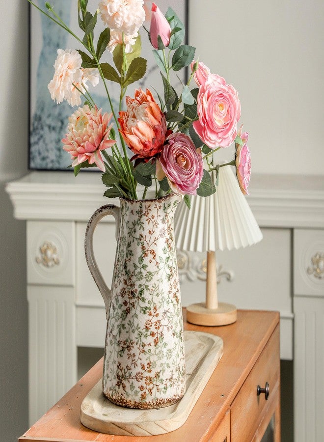 Enra Pitcher vase with Handle,12.2 in Ceramic Vintage Chinoiserie Floral Vase,Green and Beige Decorative Flower vase,Large Rustic Vases for Home Decors, Living Room, Bookshelf, Office - Image 5