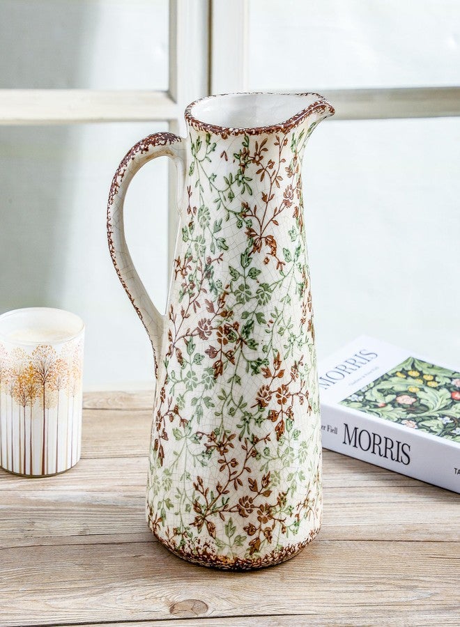 Enra Pitcher vase with Handle,12.2 in Ceramic Vintage Chinoiserie Floral Vase,Green and Beige Decorative Flower vase,Large Rustic Vases for Home Decors, Living Room, Bookshelf, Office - Image 4