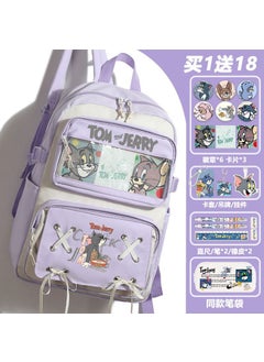 Cartoon Tom Jerry Anime School Bag Large Capacity Nylon Womens Backpack For Junior Senior High School Students Purple B -18-piece set