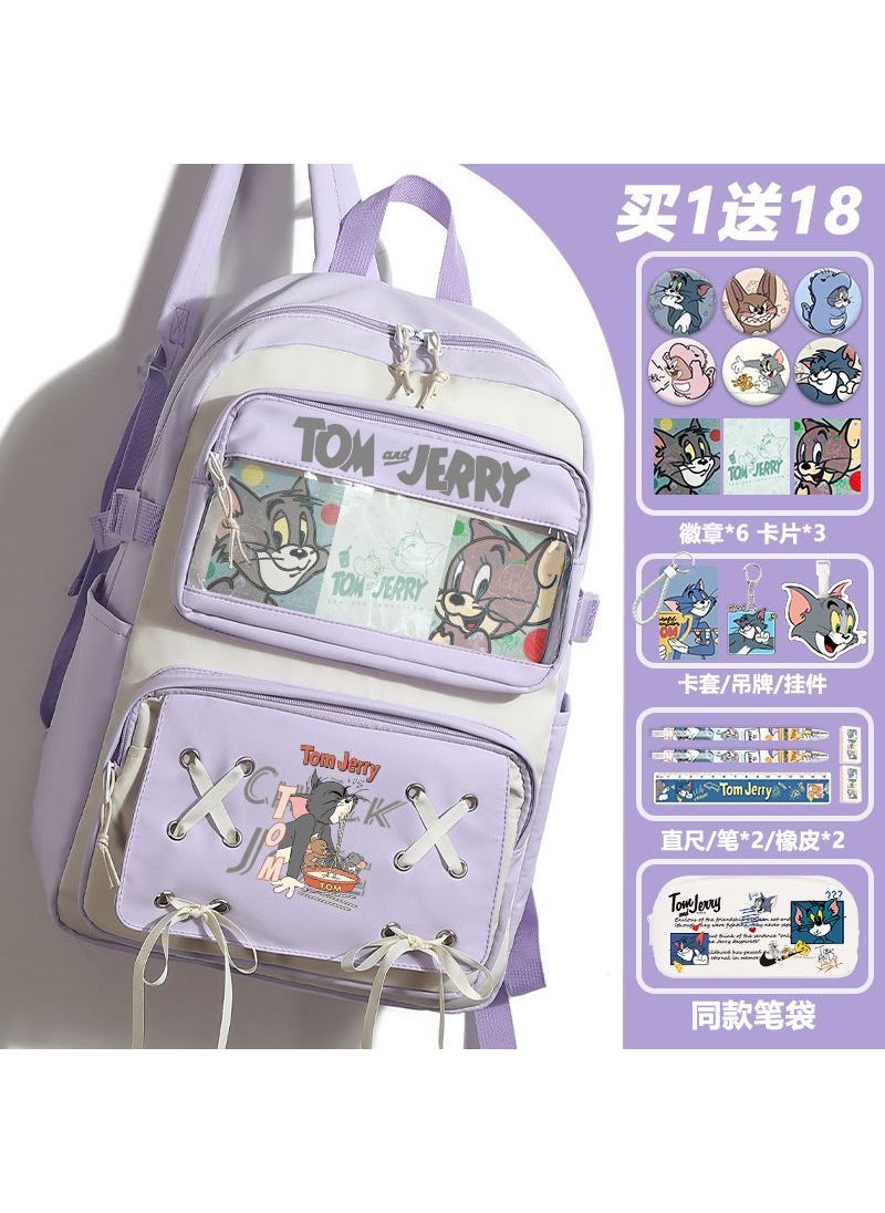 Generic - Cartoon Tom Jerry Anime School Bag Large Capacity Nylon Womens Backpack For Junior Senior High School Students Purple B -18-piece set - Image 1