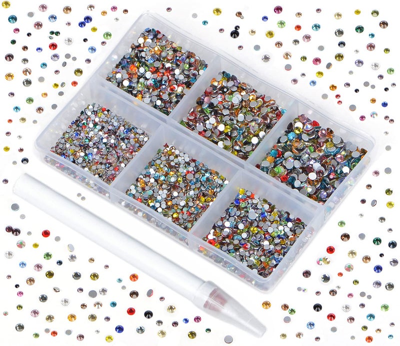 Bymitel 7200 Pieces 6 Mixed Sizes Glue Fix on Glass Rhinestones Round Crystal Gems Flatback for DIY Jewelry Making with one Picking Pen(Mix: SS3-SS10/7200PCS, Mixed Colors) - Image 1