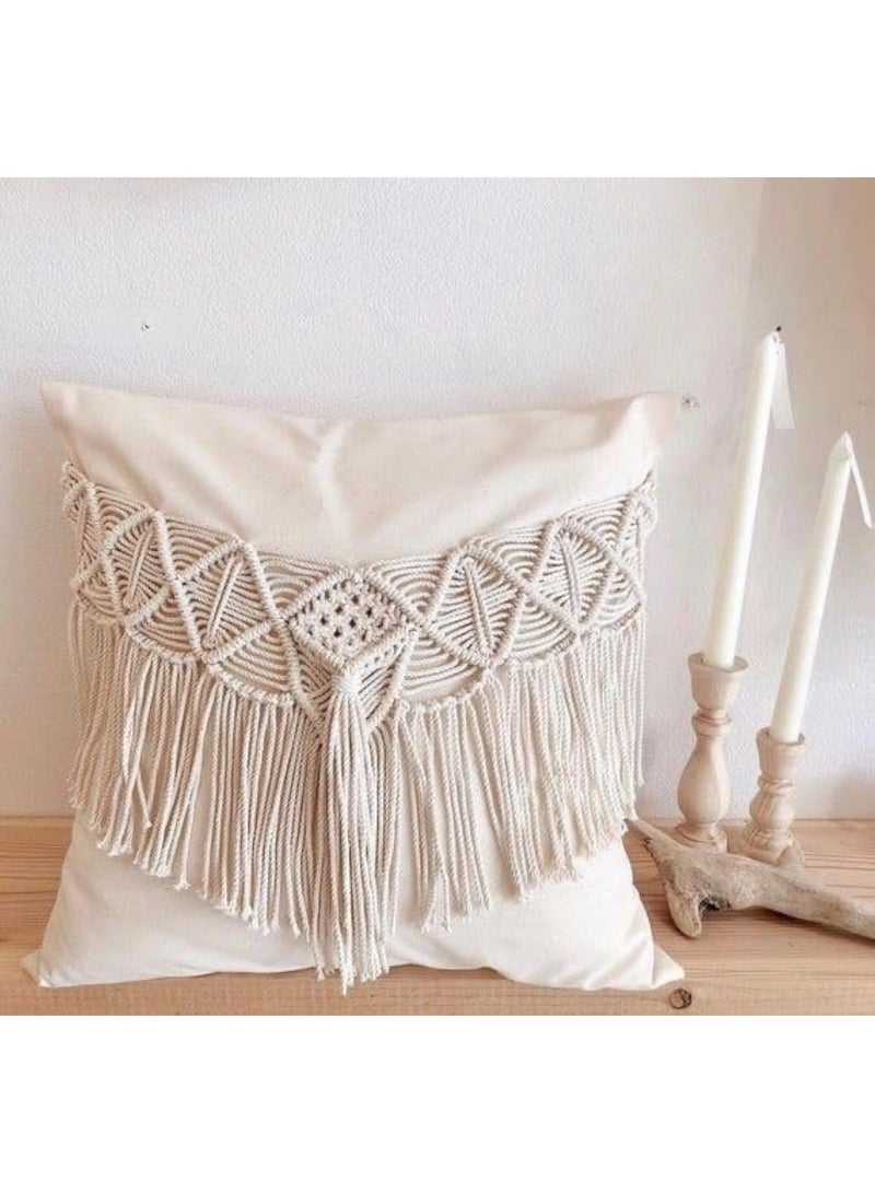 HMK CRAFTS غطاء وسادة مكرمية بوهيمي  بنقشة المثلثات المحبوكة وشرابات فخمة، كيس وسادة زينة يدوي كبير للأرائك - Image 1