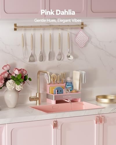 Nacial Sponge Holder for Kitchen Sink, Sink Caddy Organizer with High Brush Holder & Two Towel Racks - Rustproof 304 Stainless Steel Kitchen Countertop Storage Essentials - Pink - Image 4