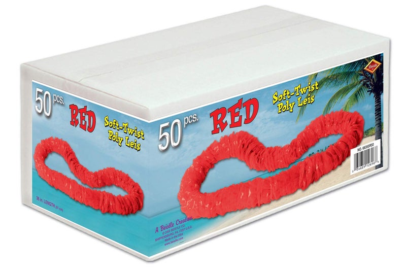 Beistle Soft-Twist Poly Leis w/Labeled Box (red), 50 Red Leis Per Package - Image 1