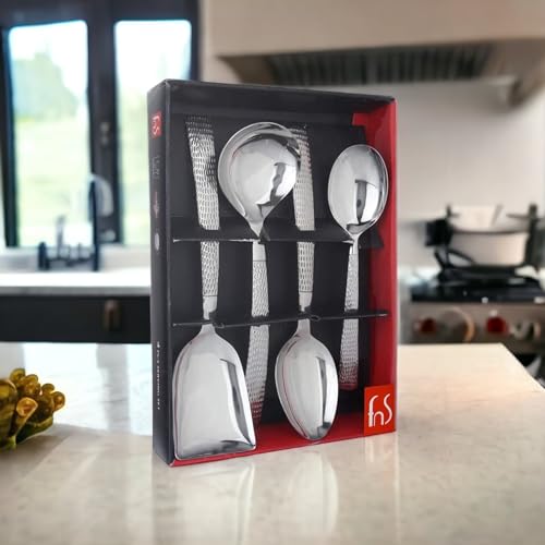 FnS Madrid Premium Stainless Steel Hammerd Design on Handle 4 pcs Serving Spoon Set (1 Serving Spoon, 1 Large Serving Spoon, 1 Gravy Ladle, 1 Rice Server) - Image 1