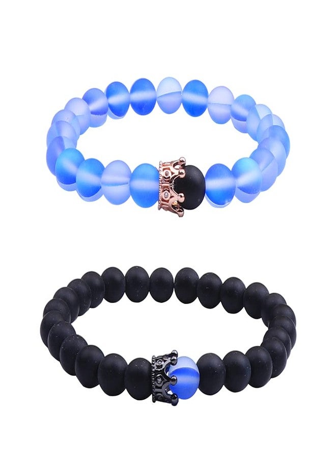 UEUC King&Queen Crown Distance Couple Bracelets His and Her Friendship 8mm Beads Bracelet(Sapphire Glitter Stone Rose Gold Crown) - Image 1