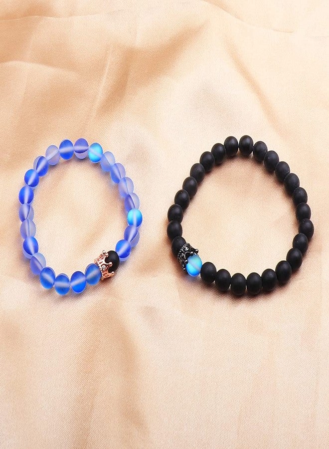 UEUC King&Queen Crown Distance Couple Bracelets His and Her Friendship 8mm Beads Bracelet(Sapphire Glitter Stone Rose Gold Crown) - Image 3