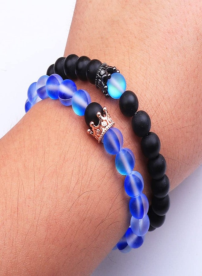 UEUC King&Queen Crown Distance Couple Bracelets His and Her Friendship 8mm Beads Bracelet(Sapphire Glitter Stone Rose Gold Crown) - Image 5