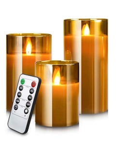 ELTRAZONE ELTRAZONE LED Flameless Candles – Battery Operated with Flickering Wick & Real Wax, Gold Glass Pillar, Timer & Remote Control, 4" 5" 6" Set of 3 