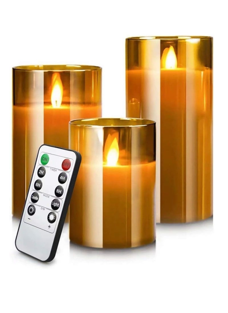 ELTRAZONE ELTRAZONE LED Flameless Candles – Battery Operated with Flickering Wick & Real Wax, Gold Glass Pillar, Timer & Remote Control, 4" 5" 6" Set of 3 