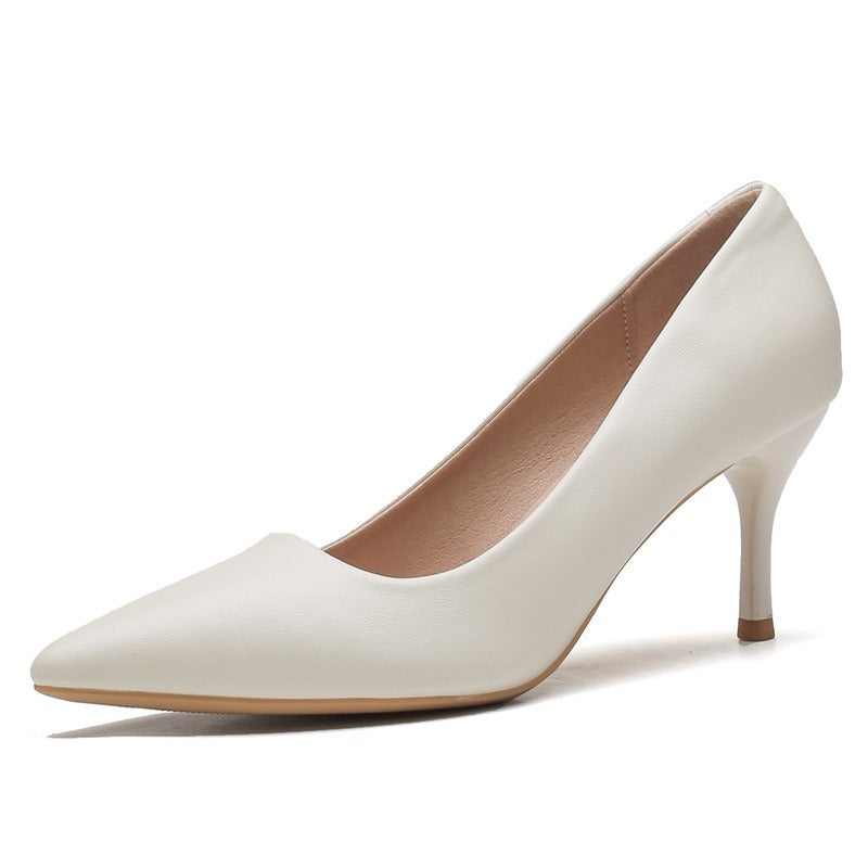 555-8 Nude High Heels for Women, French Style Soft Leather Pointed Toe Office Shoes