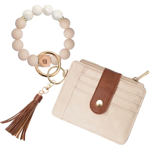 COOLANS Wristlet Bracelet Keychain Pocket Credit Card Holder Purse Tassel Keychain Bangle Key Ring for Women (Silicone Bead Bracelet+Card Purse (Brown&White)) - Image 1