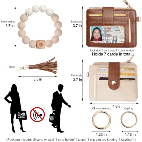 COOLANS Wristlet Bracelet Keychain Pocket Credit Card Holder Purse Tassel Keychain Bangle Key Ring for Women (Silicone Bead Bracelet+Card Purse (Brown&White)) - Image 2